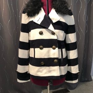 double breasted, navy and cream striped coat, Sz L